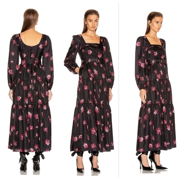 NICHOLAS x FWRD Tiered Mulberry Multi Square Neck Long Sleeve Midi Dress Size 0 - Picture 1 of 8